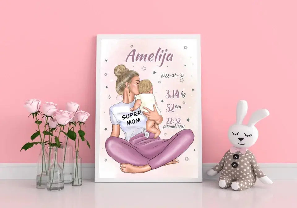 Personalizuota Vaiko Gimimo Metrikų Iliustracija Super Mama, Mergaitės gimimo metrika, plakatas su rėmeliu Poster - dovanokis.lt