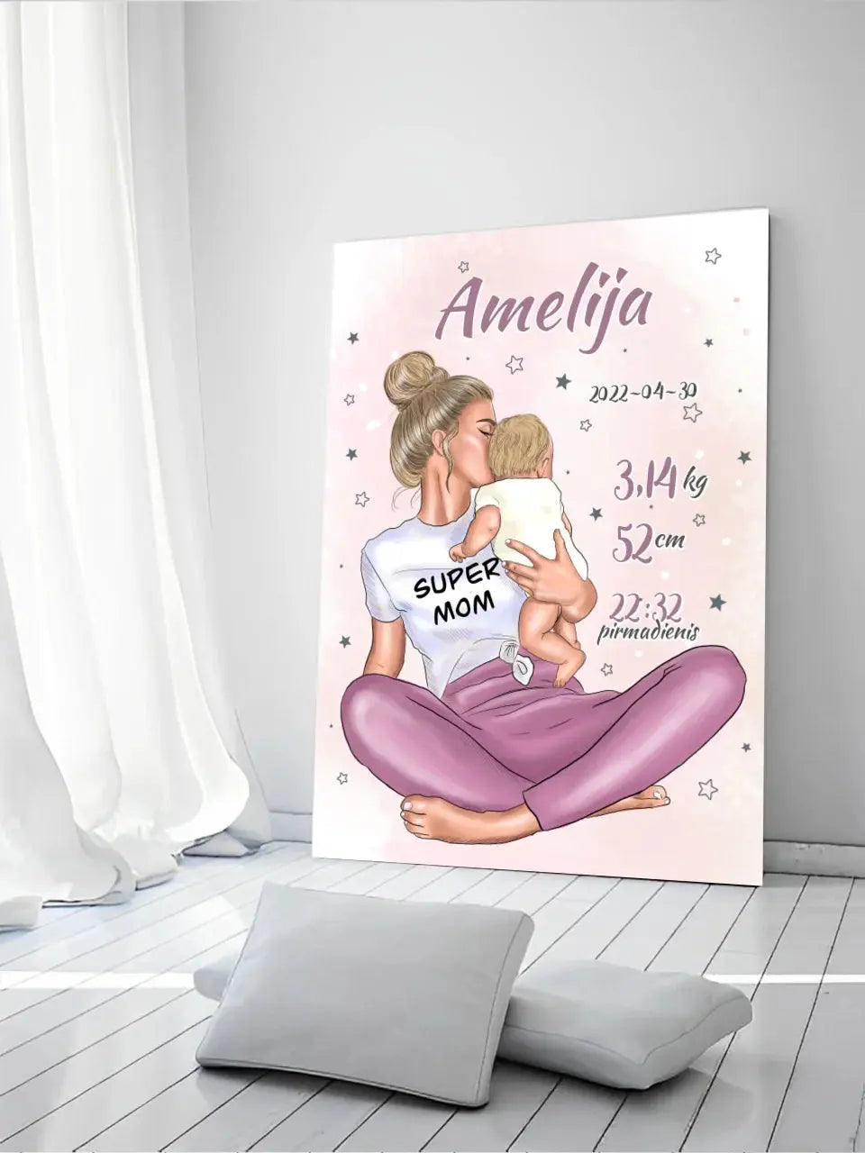 Personalizuota Vaiko Gimimo Metrikų Iliustracija ant drobės, Super Mama, Mergaitės gimimo metrika Drobe - dovanokis.lt
