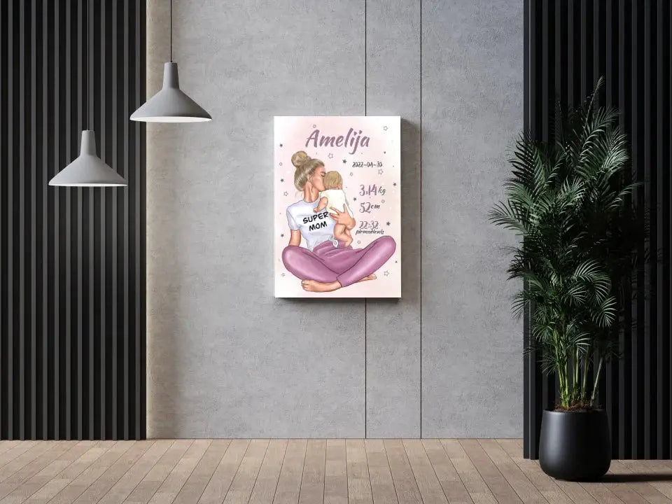 Personalizuota Vaiko Gimimo Metrikų Iliustracija ant drobės, Super Mama, Mergaitės gimimo metrika Drobe - dovanokis.lt
