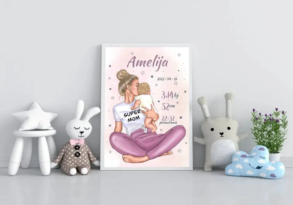 Personalizuota Vaiko Gimimo Metrikų Iliustracija Super Mama, Mergaitės gimimo metrika, plakatas su rėmeliu Poster - dovanokis.lt