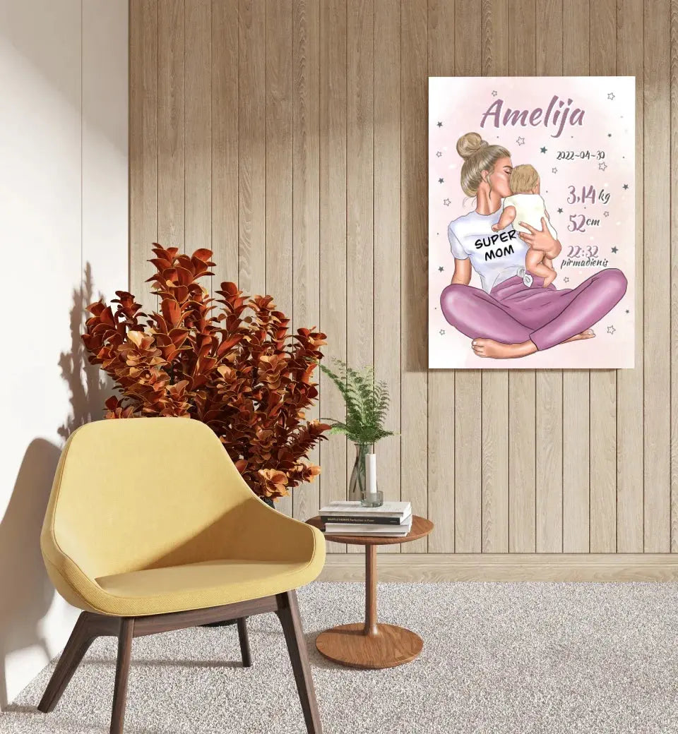 Personalizuota Vaiko Gimimo Metrikų Iliustracija ant drobės, Super Mama, Mergaitės gimimo metrika Drobe - dovanokis.lt
