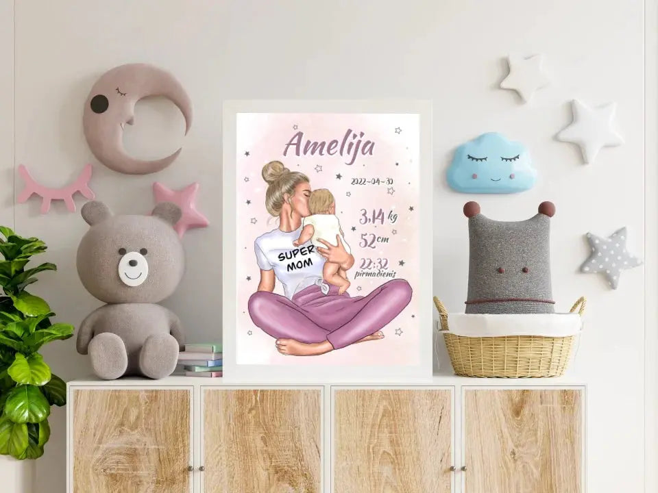 Personalizuota Vaiko Gimimo Metrikų Iliustracija Super Mama, Mergaitės gimimo metrika, plakatas su rėmeliu Poster - dovanokis.lt