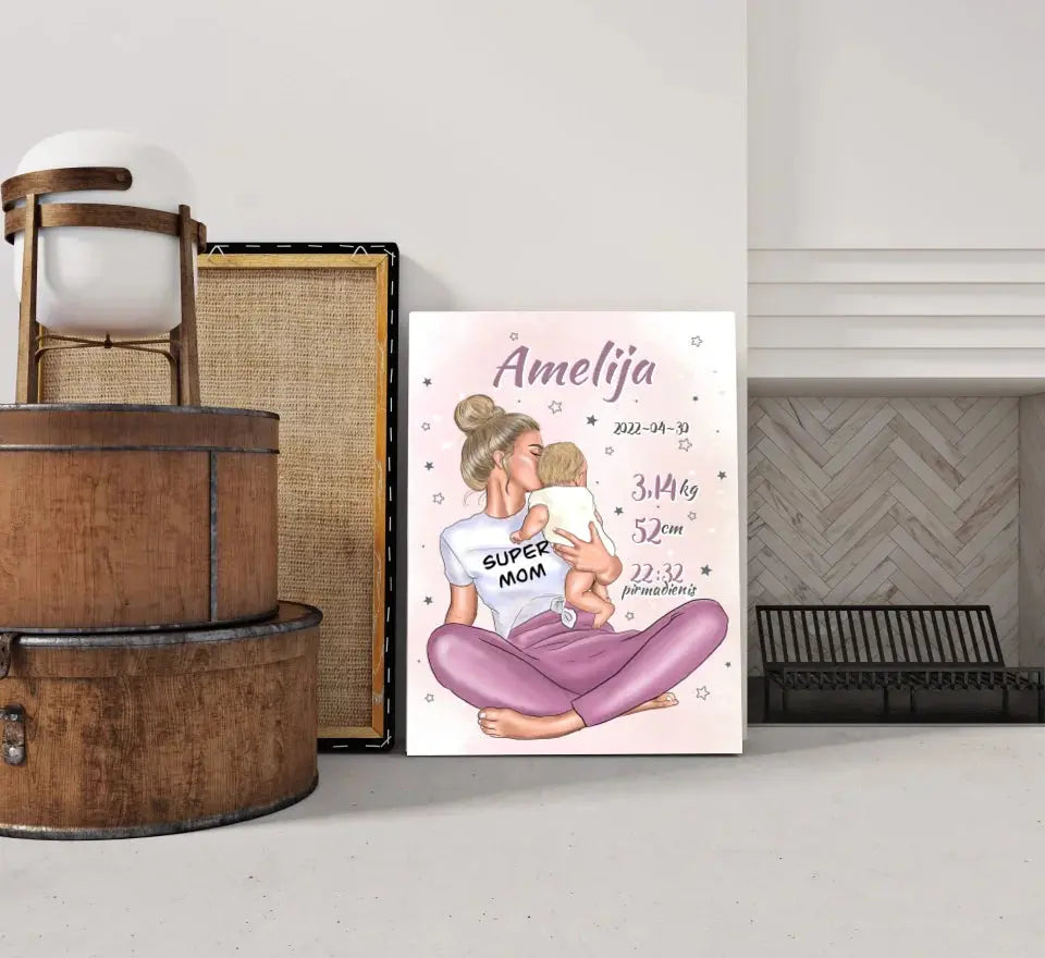 Personalizuota Vaiko Gimimo Metrikų Iliustracija ant drobės, Super Mama, Mergaitės gimimo metrika Drobe - dovanokis.lt
