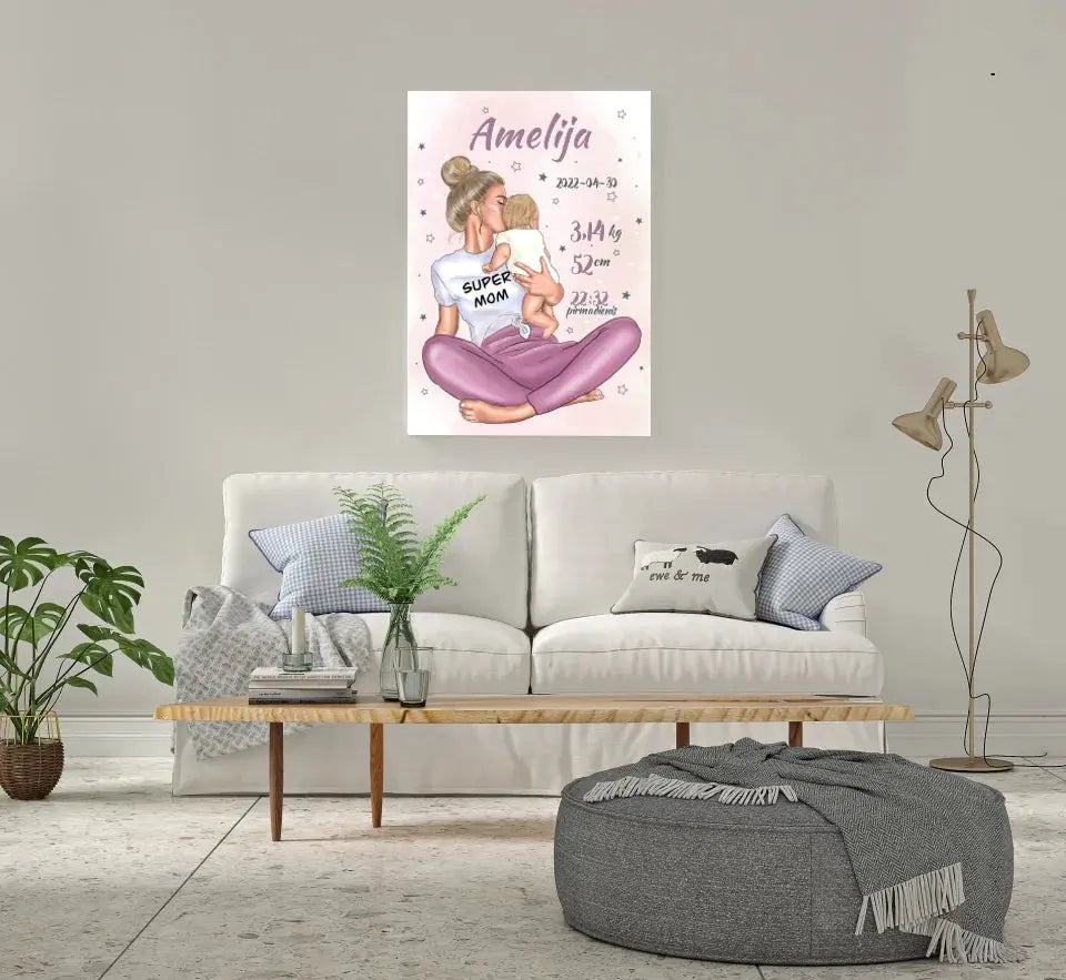 Personalizuota Vaiko Gimimo Metrikų Iliustracija ant drobės, Super Mama, Mergaitės gimimo metrika Drobe - dovanokis.lt