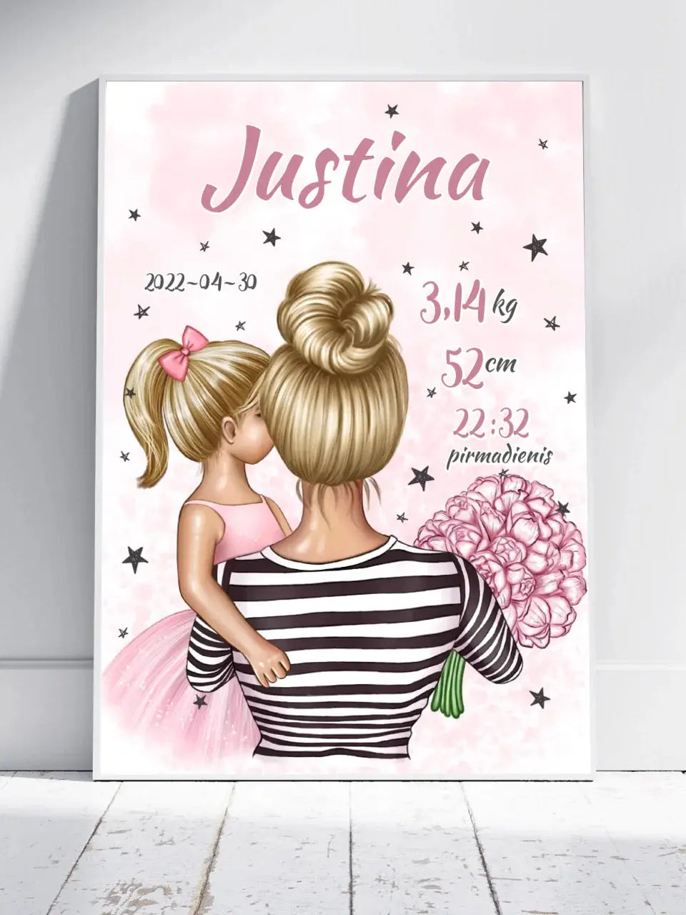 Personalizuota Vaiko Gimimo Metrikų Iliustracija Mylimiausia mama blondine, Mergaitės gimimo metrika, plakatas su rėmeliu Poster - dovanokis.lt