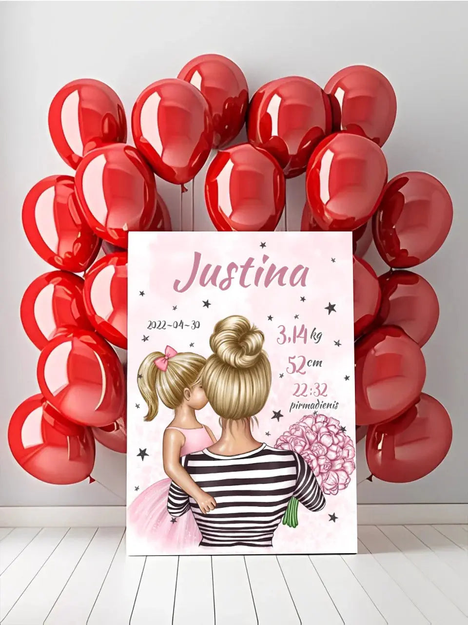 Personalizuota Vaiko Gimimo Metrikų Iliustracija ant drobės, Mylimiausia mama blondine, Mergaitės gimimo metrika Drobe - dovanokis.lt