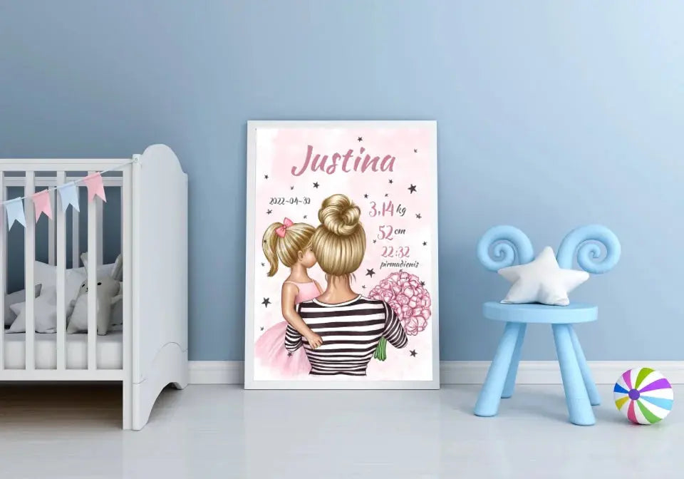Personalizuota Vaiko Gimimo Metrikų Iliustracija Mylimiausia mama blondine, Mergaitės gimimo metrika, plakatas su rėmeliu Poster - dovanokis.lt