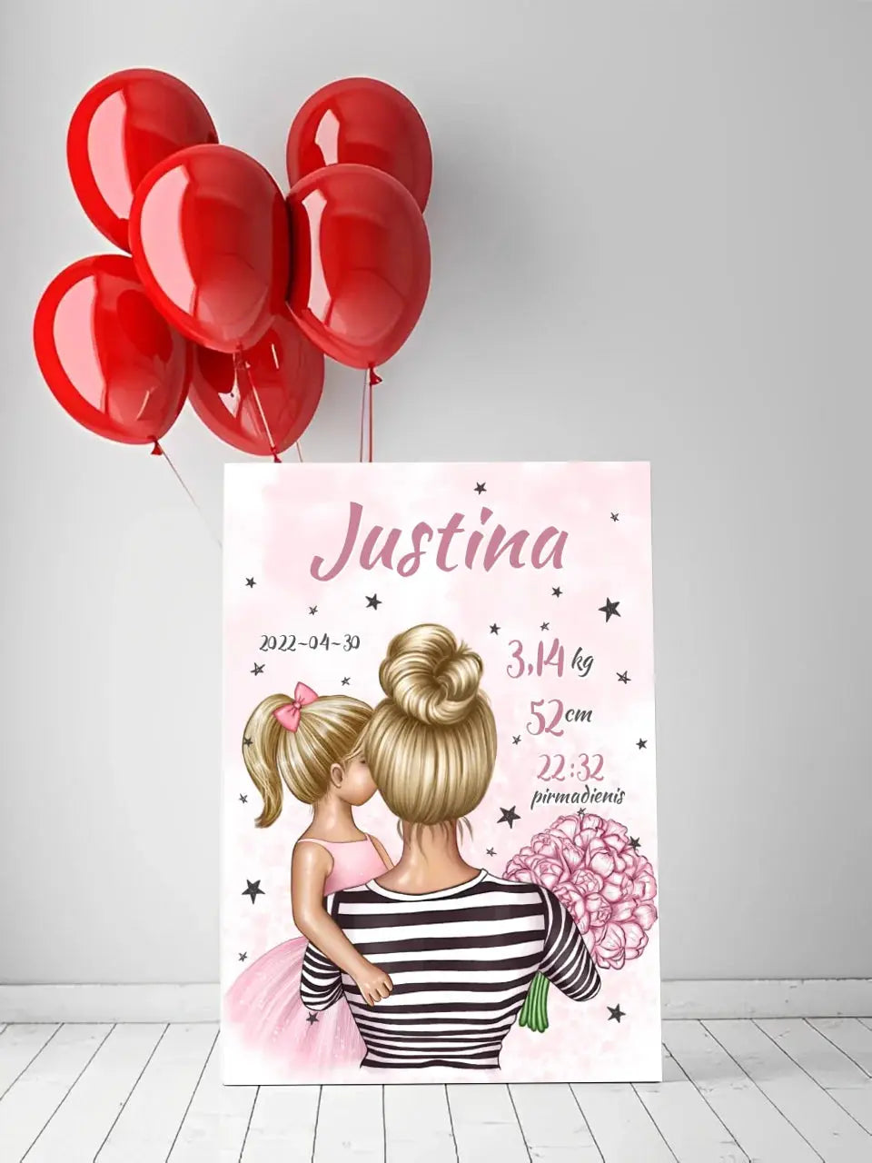 Personalizuota Vaiko Gimimo Metrikų Iliustracija ant drobės, Mylimiausia mama blondine, Mergaitės gimimo metrika Drobe - dovanokis.lt