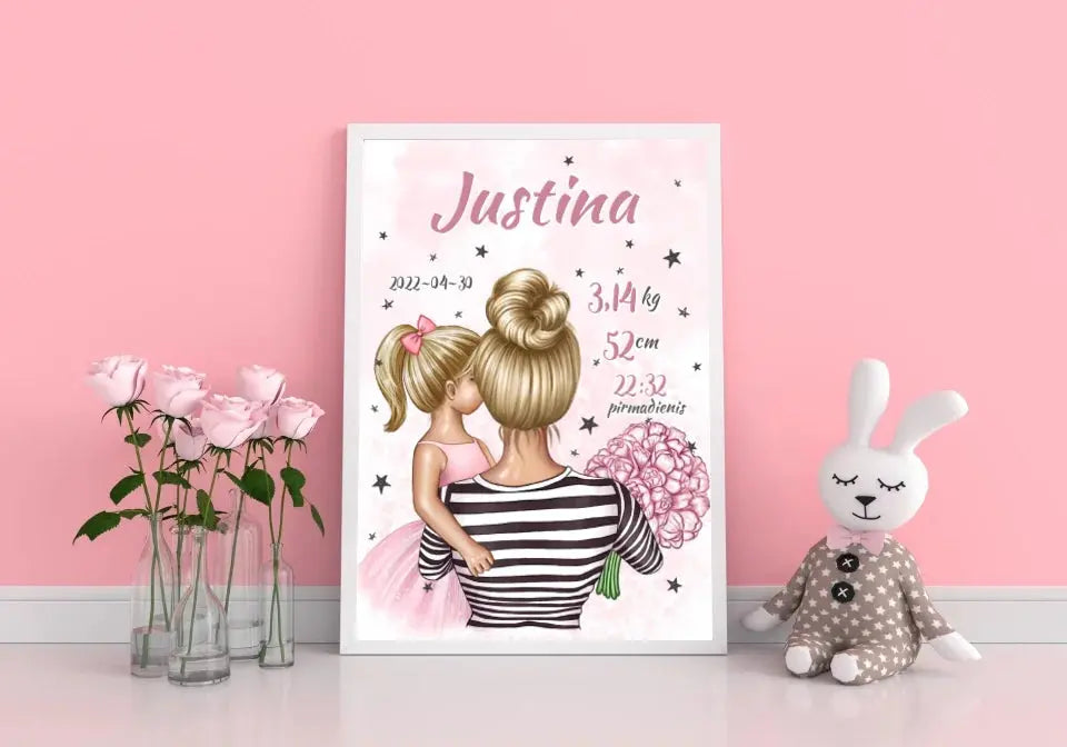 Personalizuota Vaiko Gimimo Metrikų Iliustracija Mylimiausia mama blondine, Mergaitės gimimo metrika, plakatas su rėmeliu Poster - dovanokis.lt