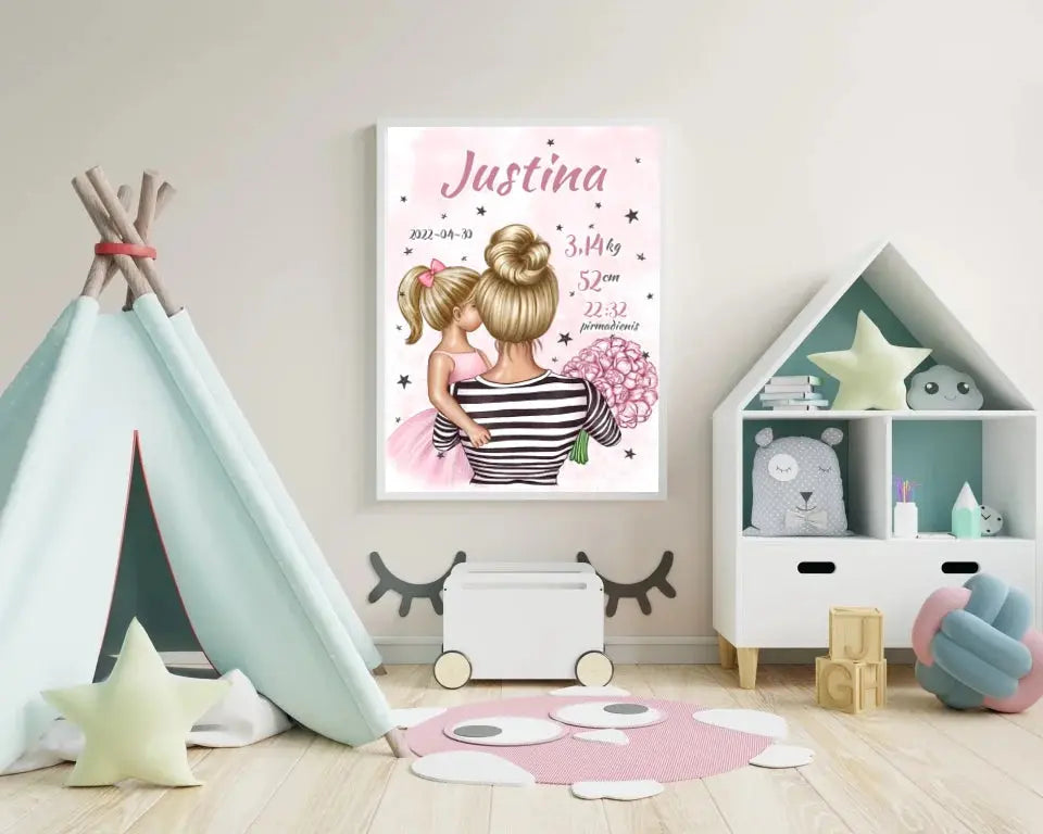 Personalizuota Vaiko Gimimo Metrikų Iliustracija Mylimiausia mama blondine, Mergaitės gimimo metrika, plakatas su rėmeliu Poster - dovanokis.lt
