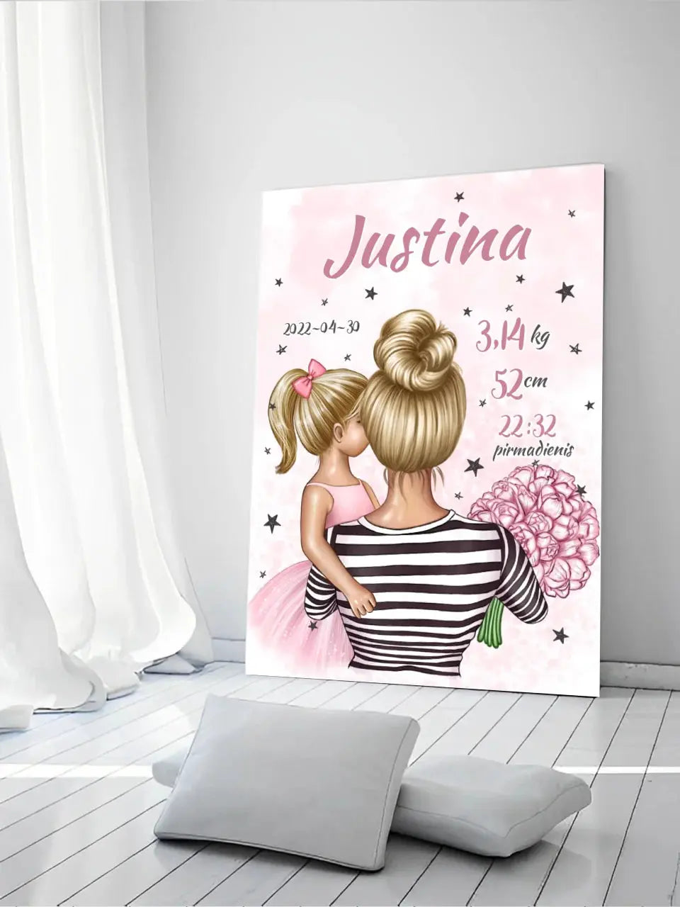 Personalizuota Vaiko Gimimo Metrikų Iliustracija ant drobės, Mylimiausia mama blondine, Mergaitės gimimo metrika Drobe - dovanokis.lt