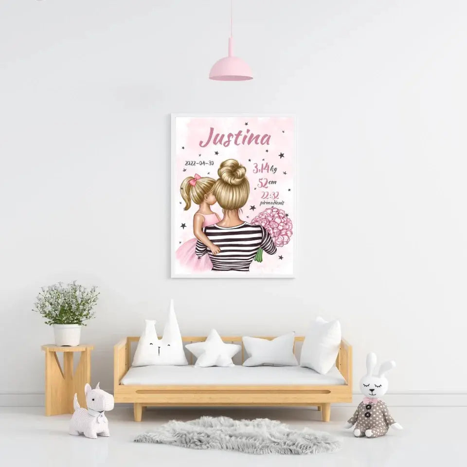 Personalizuota Vaiko Gimimo Metrikų Iliustracija Mylimiausia mama blondine, Mergaitės gimimo metrika, plakatas su rėmeliu Poster - dovanokis.lt
