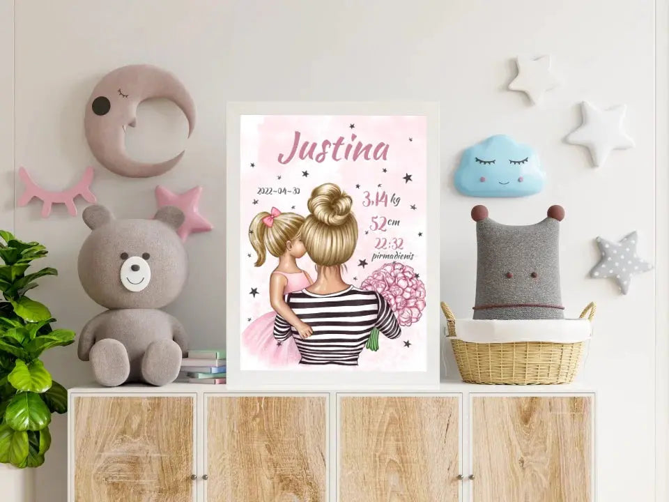 Personalizuota Vaiko Gimimo Metrikų Iliustracija Mylimiausia mama blondine, Mergaitės gimimo metrika, plakatas su rėmeliu Poster - dovanokis.lt