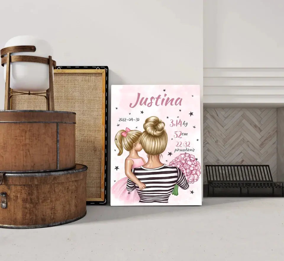 Personalizuota Vaiko Gimimo Metrikų Iliustracija ant drobės, Mylimiausia mama blondine, Mergaitės gimimo metrika Drobe - dovanokis.lt