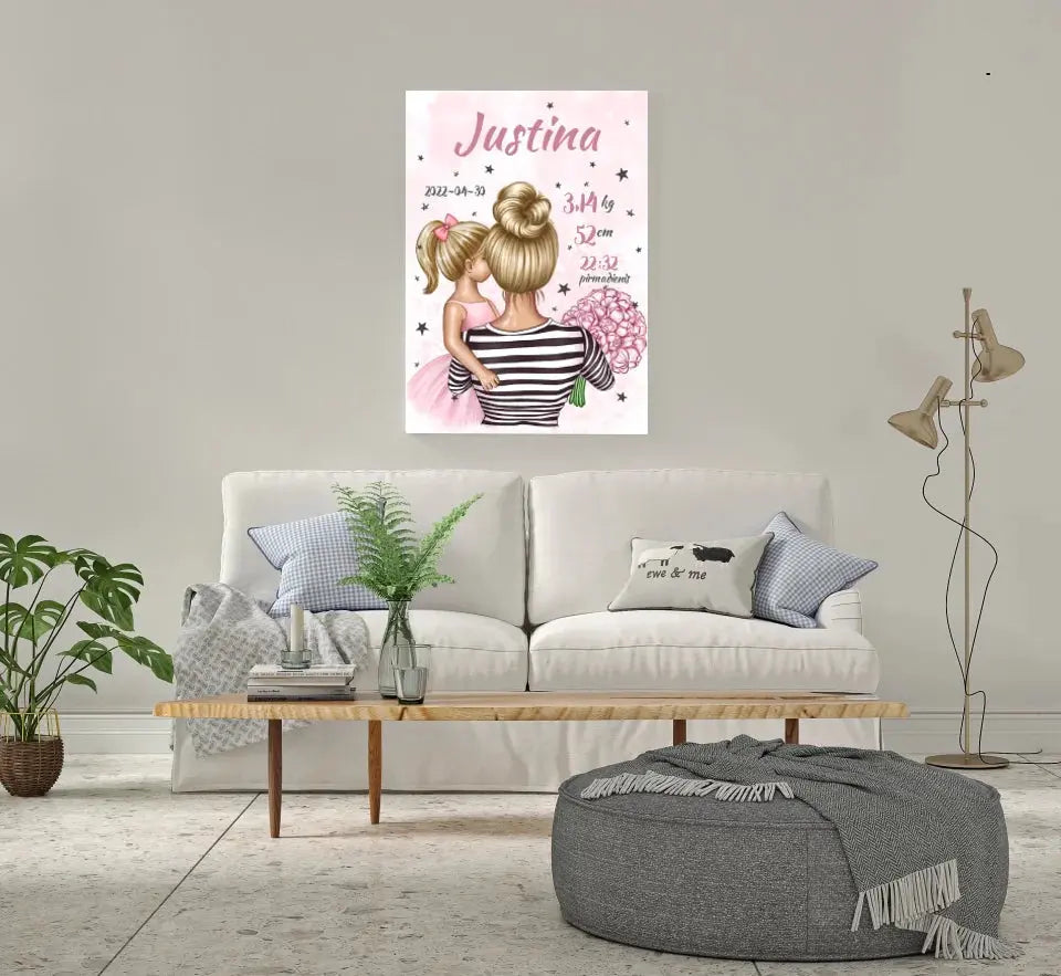 Personalizuota Vaiko Gimimo Metrikų Iliustracija ant drobės, Mylimiausia mama blondine, Mergaitės gimimo metrika Drobe - dovanokis.lt