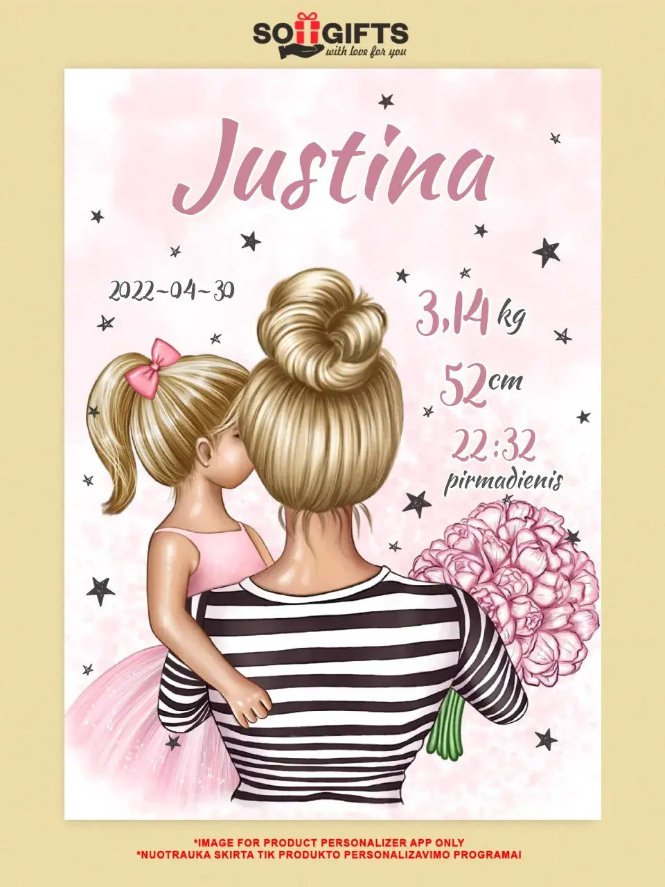 Personalizuota Vaiko Gimimo Metrikų Iliustracija ant drobės, Mylimiausia mama blondine, Mergaitės gimimo metrika Drobe - dovanokis.lt