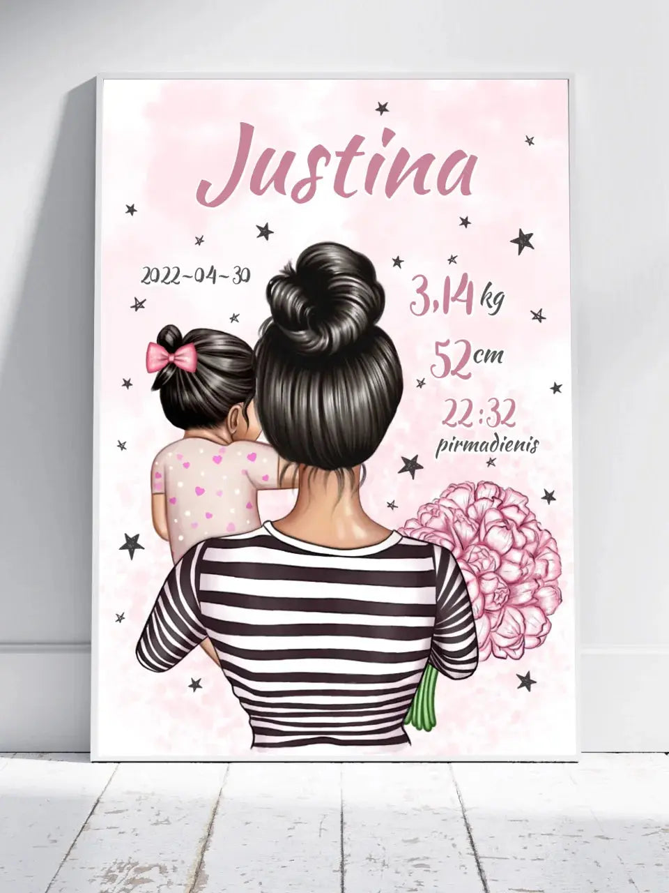 Personalizuota Vaiko Gimimo Metrikų Iliustracija Mylimiausia mama, Mergaitės gimimo metrika, plakatas su rėmeliu Poster - dovanokis.lt