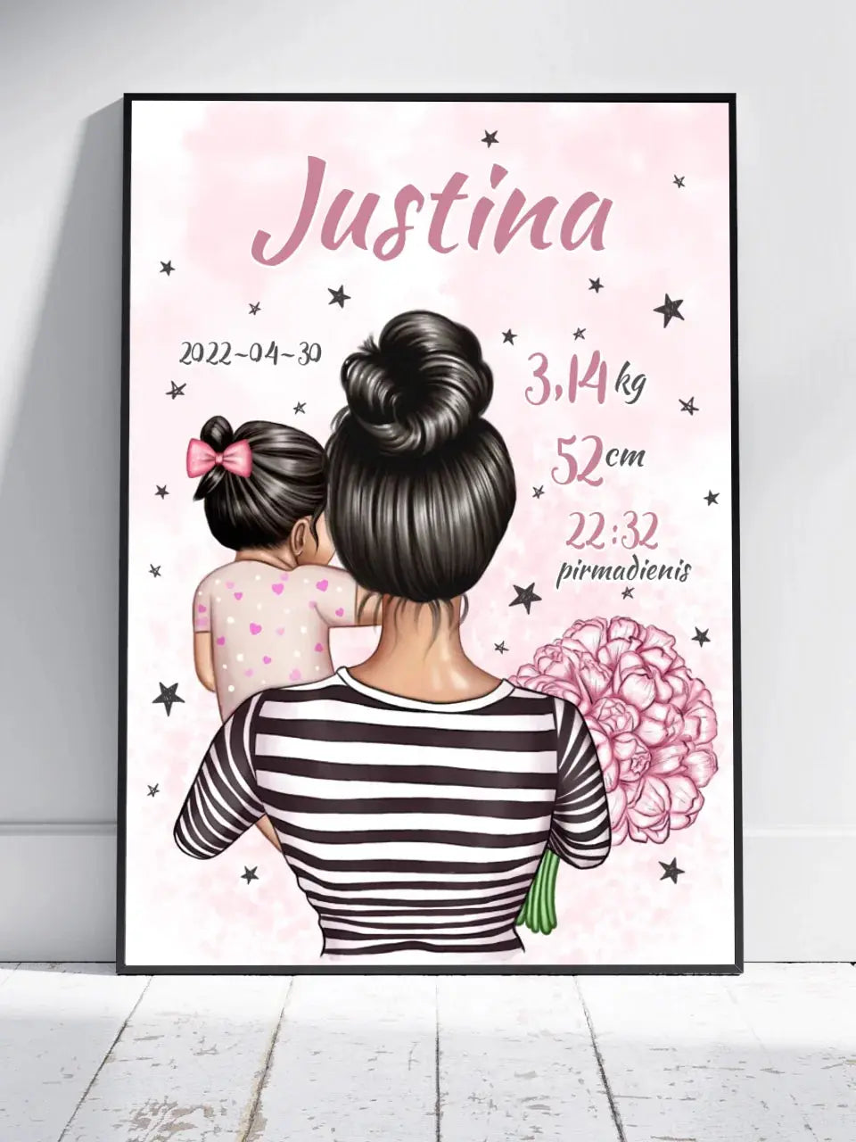 Personalizuota Vaiko Gimimo Metrikų Iliustracija Mylimiausia mama, Mergaitės gimimo metrika, plakatas su rėmeliu Poster - dovanokis.lt