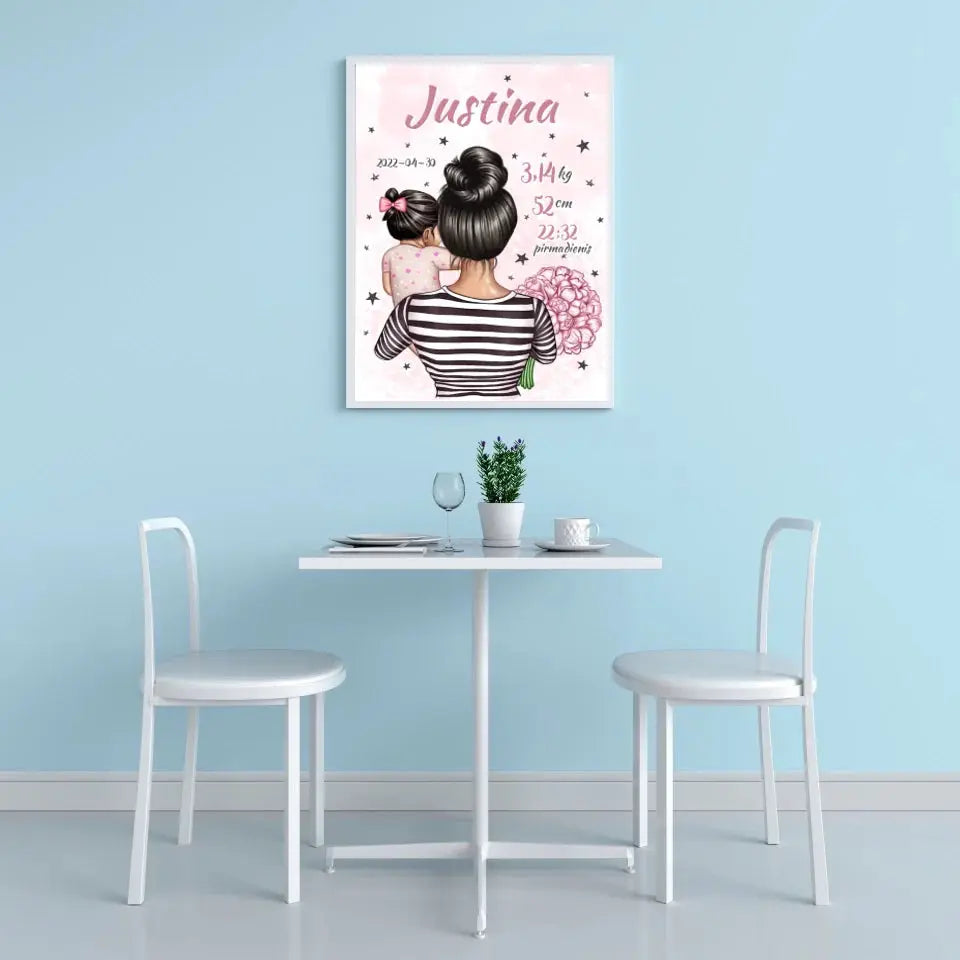 Personalizuota Vaiko Gimimo Metrikų Iliustracija Mylimiausia mama, Mergaitės gimimo metrika, plakatas su rėmeliu Poster - dovanokis.lt