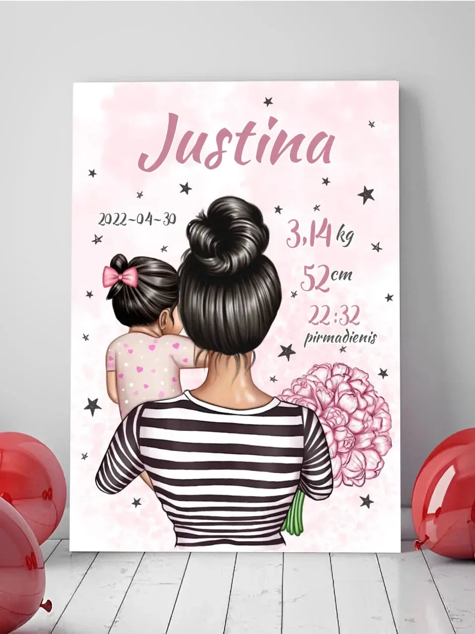 Personalizuota Vaiko Gimimo Metrikų Iliustracija ant drobės, Mylimiausia mama, Mergaitės gimimo metrika Drobe - dovanokis.lt