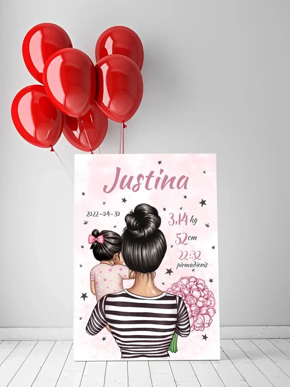 Personalizuota Vaiko Gimimo Metrikų Iliustracija ant drobės, Mylimiausia mama, Mergaitės gimimo metrika Drobe - dovanokis.lt