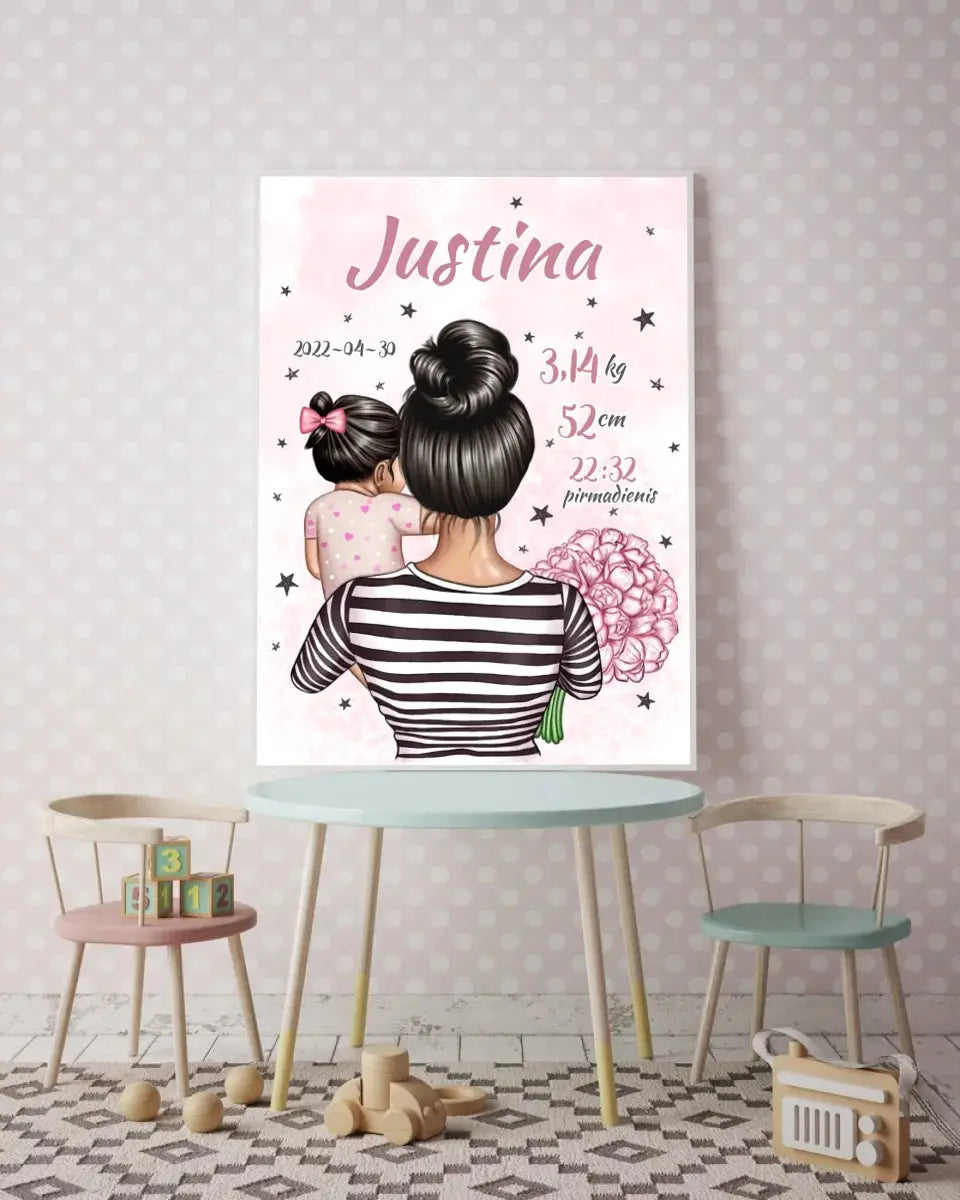 Personalizuota Vaiko Gimimo Metrikų Iliustracija Mylimiausia mama, Mergaitės gimimo metrika, plakatas su rėmeliu Poster - dovanokis.lt