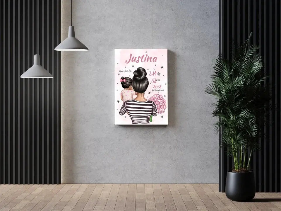 Personalizuota Vaiko Gimimo Metrikų Iliustracija ant drobės, Mylimiausia mama, Mergaitės gimimo metrika Drobe - dovanokis.lt