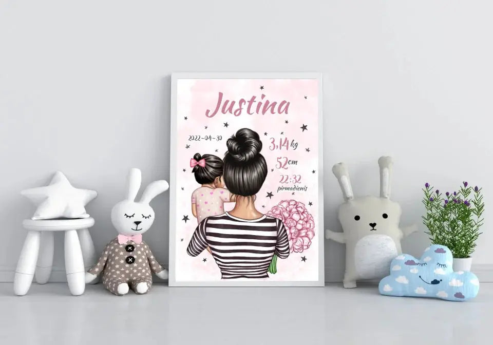 Personalizuota Vaiko Gimimo Metrikų Iliustracija Mylimiausia mama, Mergaitės gimimo metrika, plakatas su rėmeliu Poster - dovanokis.lt