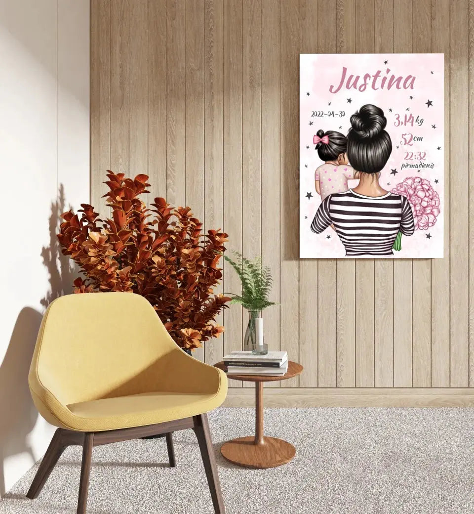Personalizuota Vaiko Gimimo Metrikų Iliustracija ant drobės, Mylimiausia mama, Mergaitės gimimo metrika Drobe - dovanokis.lt