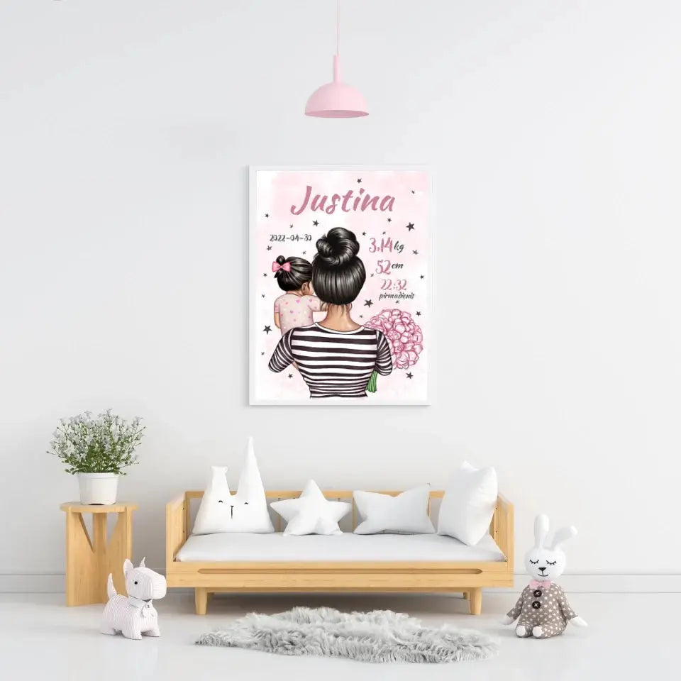 Personalizuota Vaiko Gimimo Metrikų Iliustracija Mylimiausia mama, Mergaitės gimimo metrika, plakatas su rėmeliu Poster - dovanokis.lt