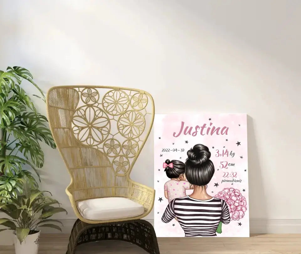 Personalizuota Vaiko Gimimo Metrikų Iliustracija ant drobės, Mylimiausia mama, Mergaitės gimimo metrika Drobe - dovanokis.lt