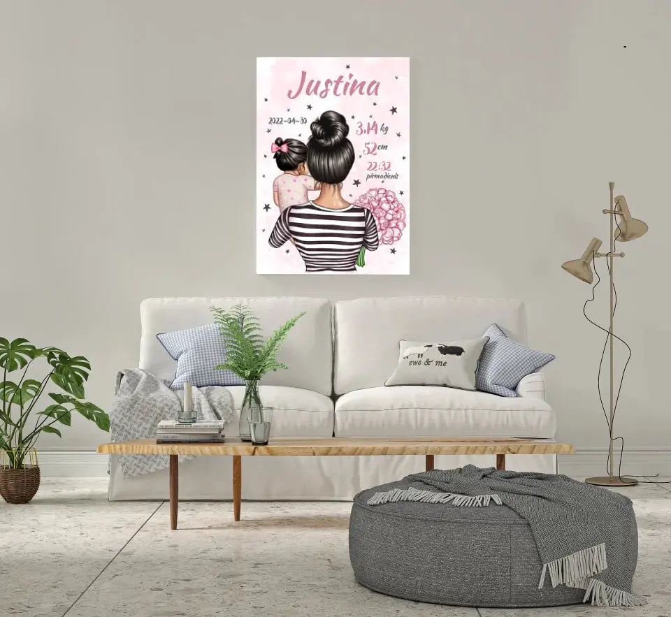 Personalizuota Vaiko Gimimo Metrikų Iliustracija ant drobės, Mylimiausia mama, Mergaitės gimimo metrika Drobe - dovanokis.lt
