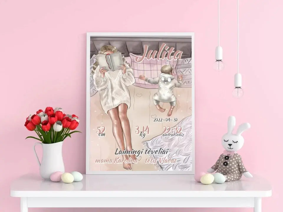 Personalizuota Vaiko Gimimo Metrikų Iliustracija, plakatas su rėmeliu Poster - dovanokis.lt