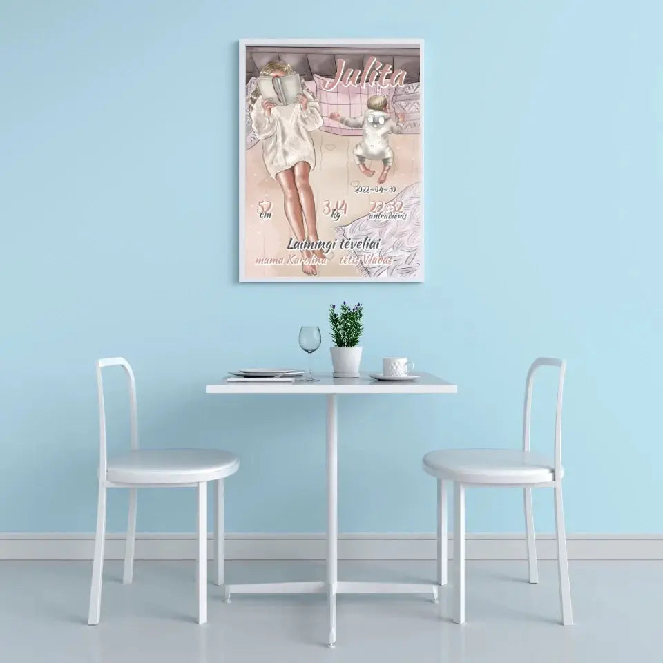 Personalizuota Vaiko Gimimo Metrikų Iliustracija, plakatas su rėmeliu Poster - dovanokis.lt