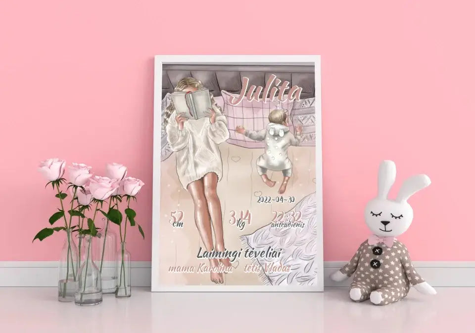 Personalizuota Vaiko Gimimo Metrikų Iliustracija, plakatas su rėmeliu Poster - dovanokis.lt