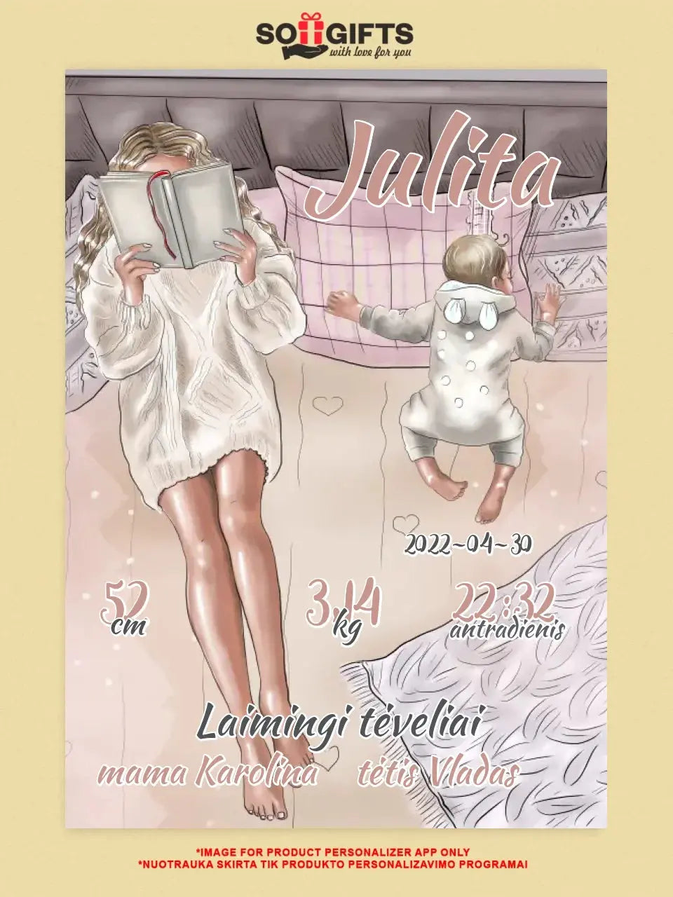 Personalizuota Vaiko Gimimo Metrikų Iliustracija, plakatas su rėmeliu Poster - dovanokis.lt