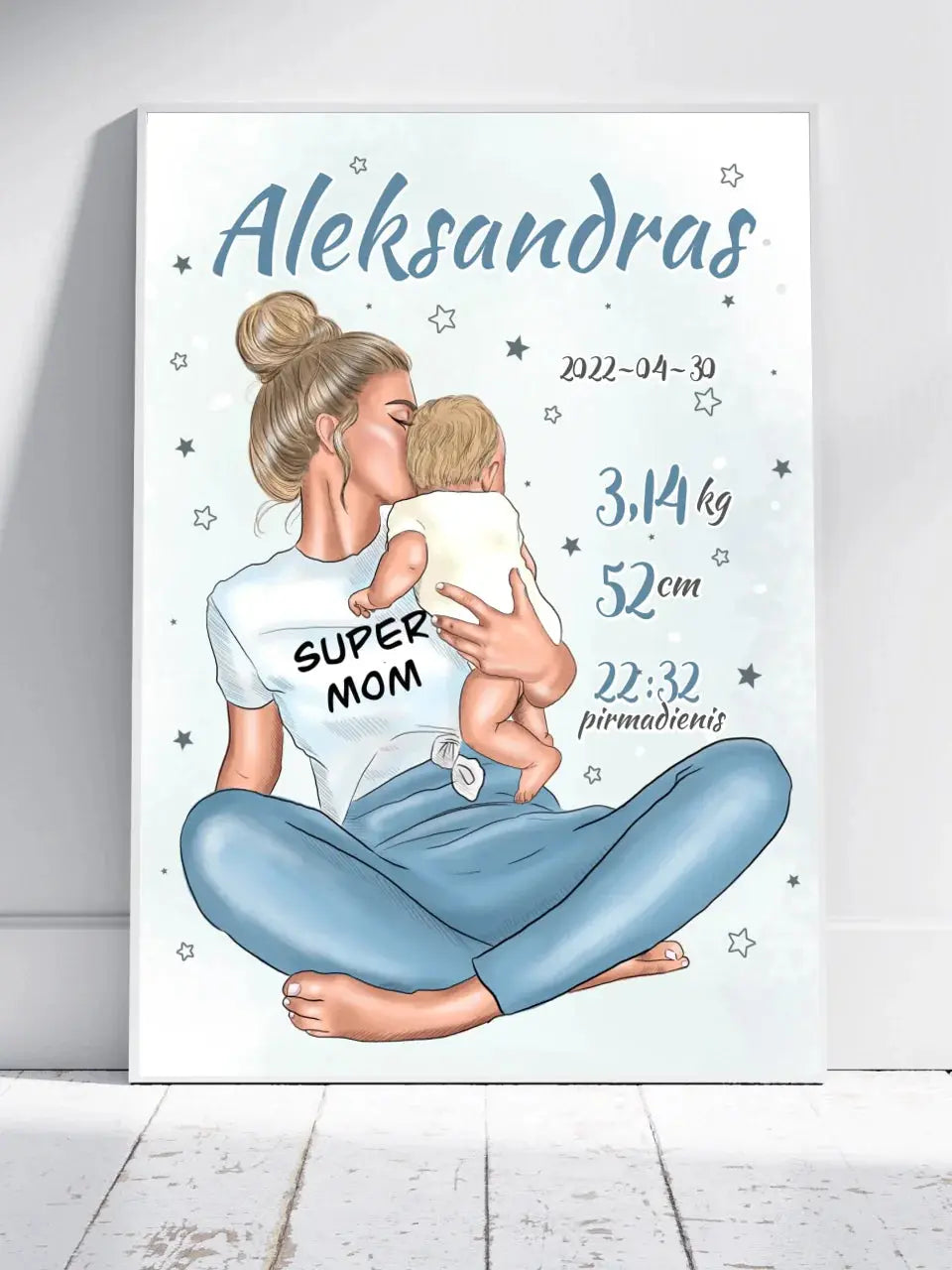 Personalizuota Vaiko Gimimo Metrikų Iliustracija Super Mama, Berniuko gimimo metrika, plakatas su rėmeliu Poster - dovanokis.lt
