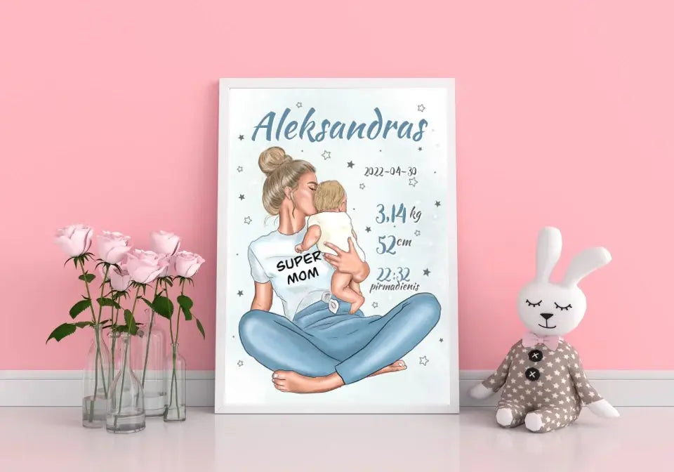 Personalizuota Vaiko Gimimo Metrikų Iliustracija Super Mama, Berniuko gimimo metrika, plakatas su rėmeliu Poster - dovanokis.lt