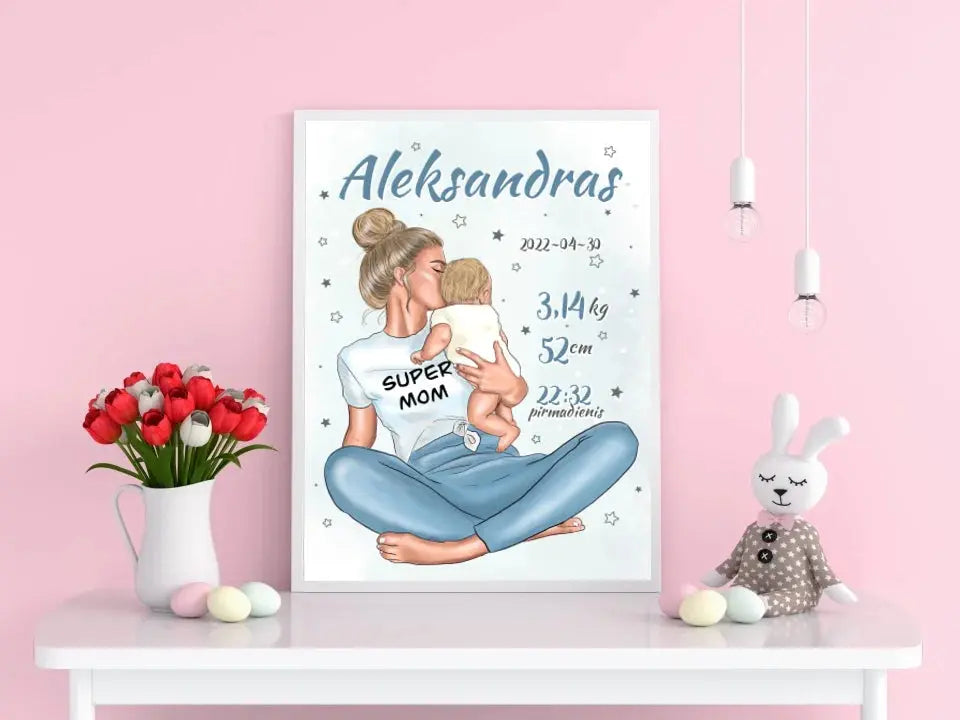 Personalizuota Vaiko Gimimo Metrikų Iliustracija Super Mama, Berniuko gimimo metrika, plakatas su rėmeliu Poster - dovanokis.lt