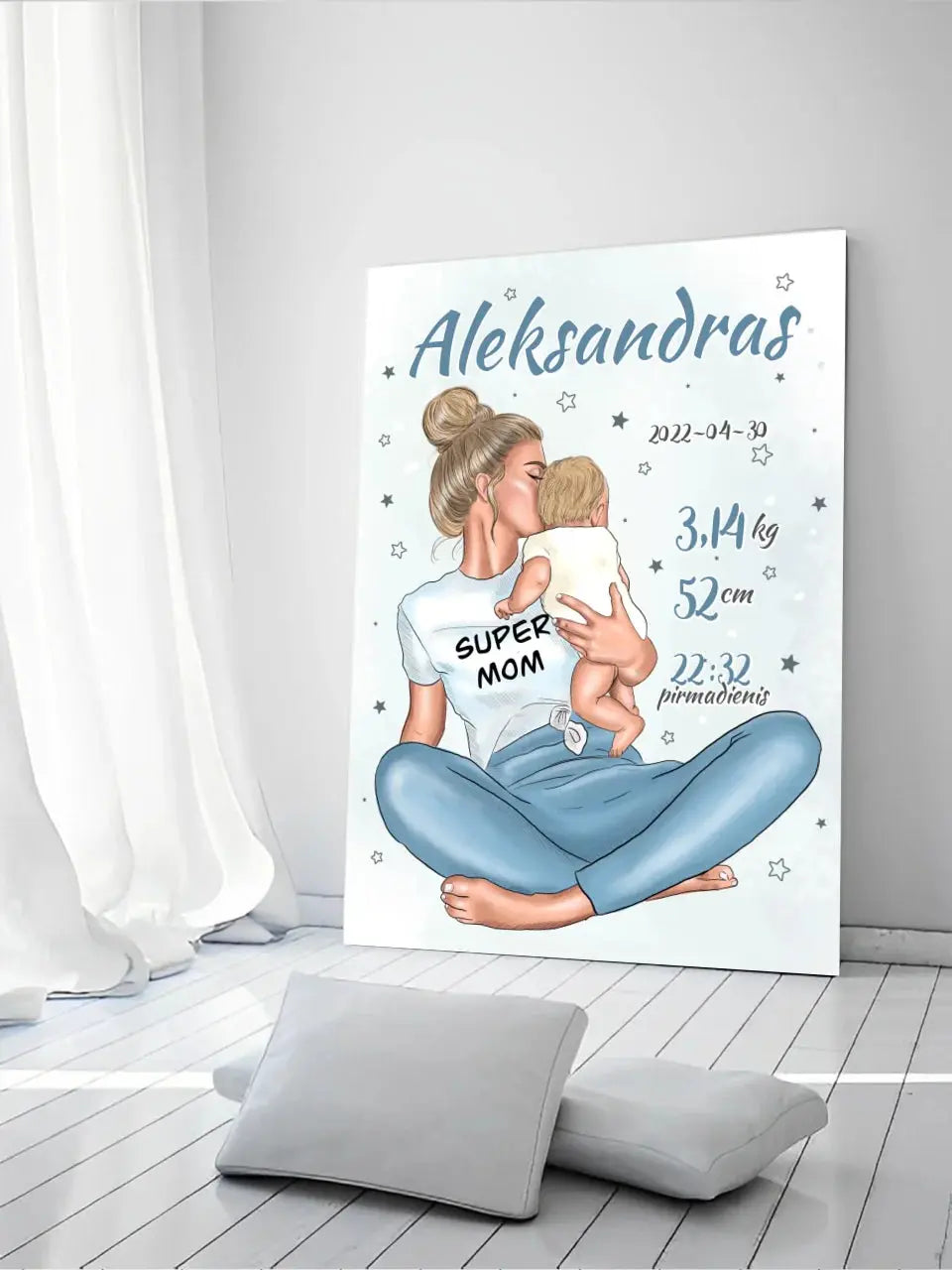 Personalizuota Vaiko Gimimo Metrikų Iliustracija ant drobės, Super Mama, Berniuko gimimo metrika Drobe - dovanokis.lt