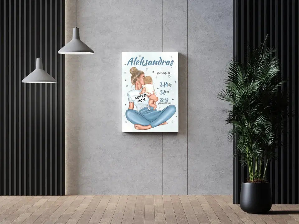 Personalizuota Vaiko Gimimo Metrikų Iliustracija ant drobės, Super Mama, Berniuko gimimo metrika Drobe - dovanokis.lt