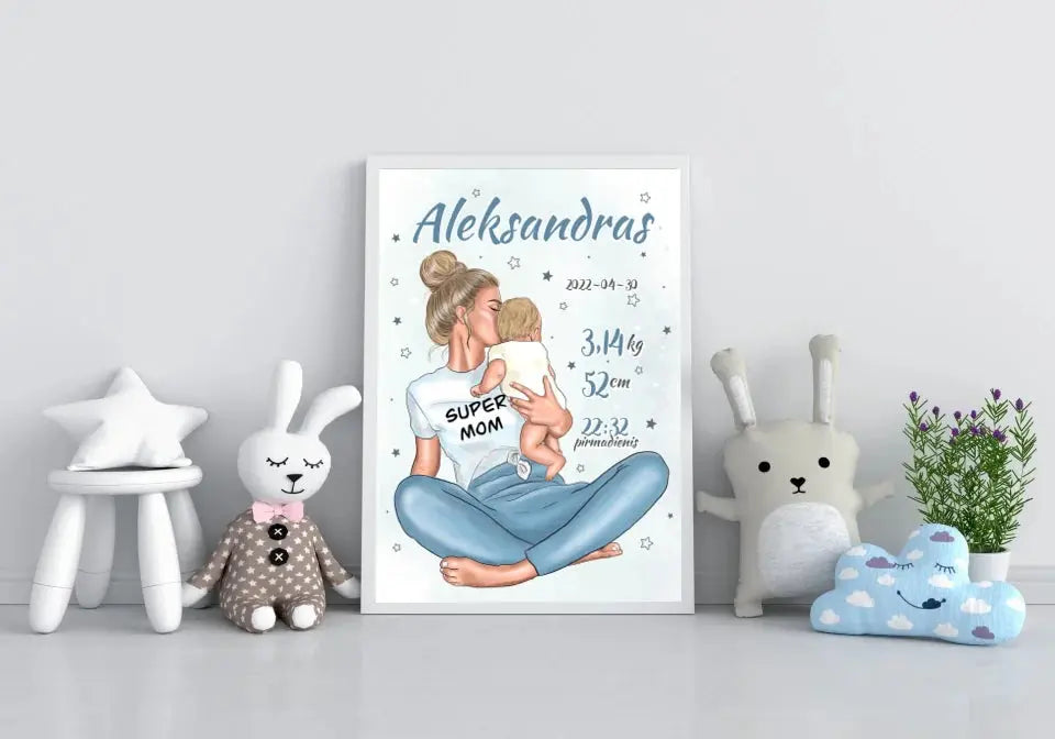 Personalizuota Vaiko Gimimo Metrikų Iliustracija Super Mama, Berniuko gimimo metrika, plakatas su rėmeliu Poster - dovanokis.lt