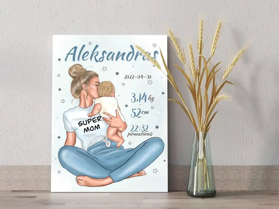 Personalizuota Vaiko Gimimo Metrikų Iliustracija ant drobės, Super Mama, Berniuko gimimo metrika Drobe - dovanokis.lt