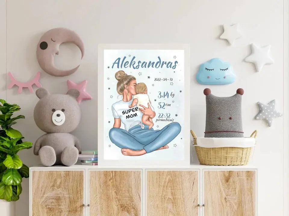 Personalizuota Vaiko Gimimo Metrikų Iliustracija Super Mama, Berniuko gimimo metrika, plakatas su rėmeliu Poster - dovanokis.lt