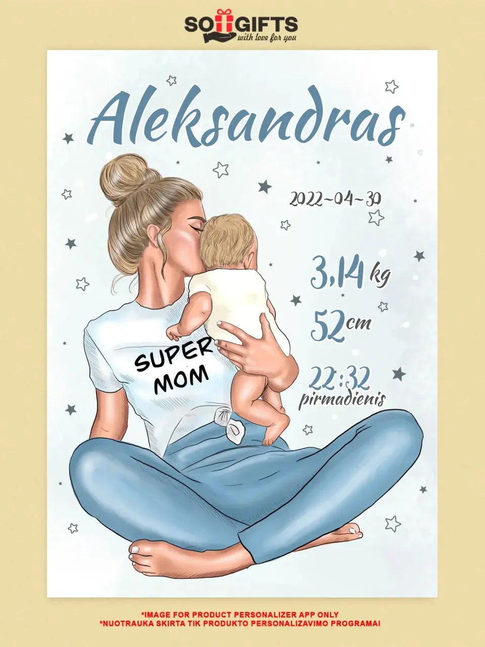 Personalizuota Vaiko Gimimo Metrikų Iliustracija Super Mama, Berniuko gimimo metrika, plakatas su rėmeliu Poster - dovanokis.lt