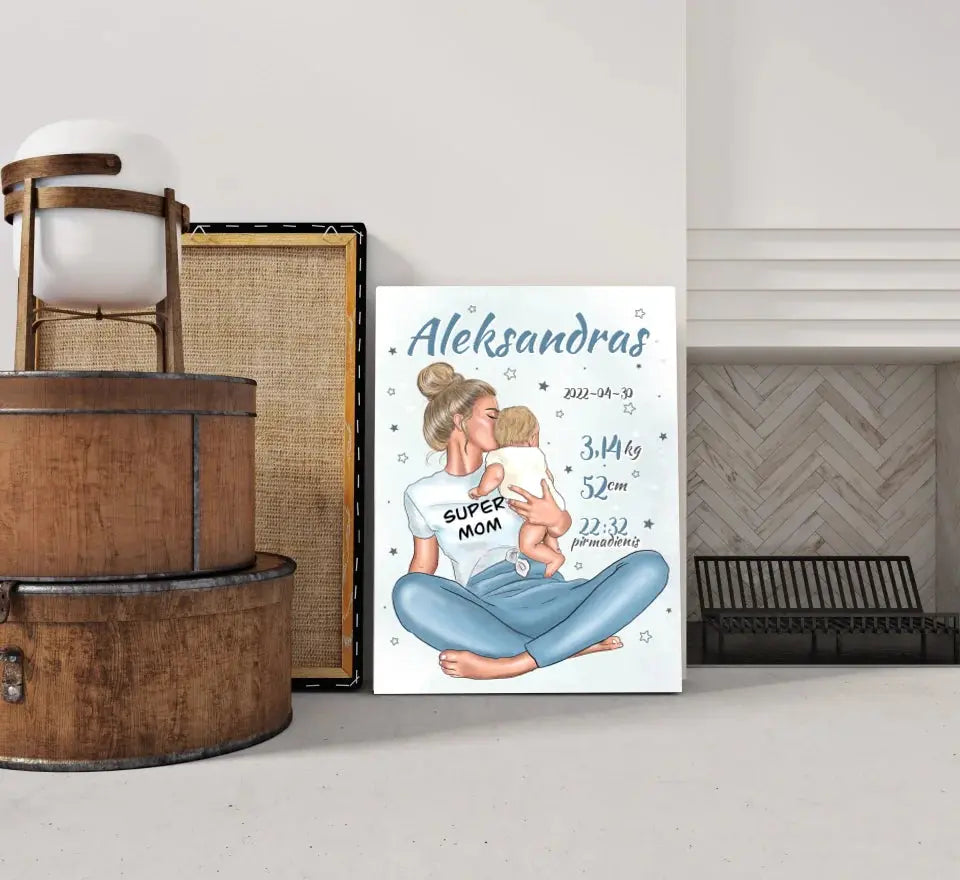 Personalizuota Vaiko Gimimo Metrikų Iliustracija ant drobės, Super Mama, Berniuko gimimo metrika Drobe - dovanokis.lt