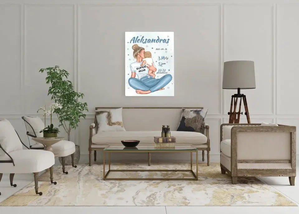 Personalizuota Vaiko Gimimo Metrikų Iliustracija ant drobės, Super Mama, Berniuko gimimo metrika Drobe - dovanokis.lt