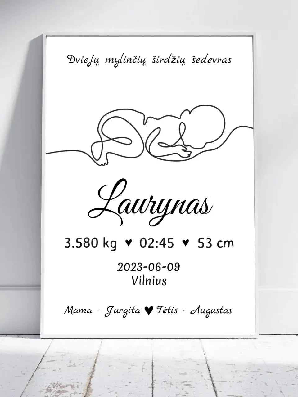 Personalizuota Vaiko / Kūdikio Gimimo Metrika su linijine iliustracija, plakatas su rėmeliu Poster - dovanokis.lt