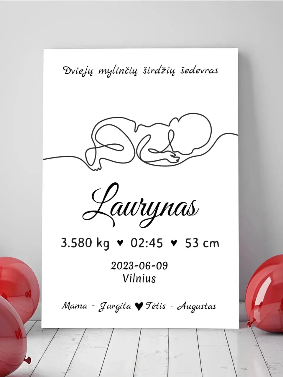Personalizuota Vaiko / Kūdikio Gimimo Metrika su linijine iliustracija ant drobės Drobe - dovanokis.lt