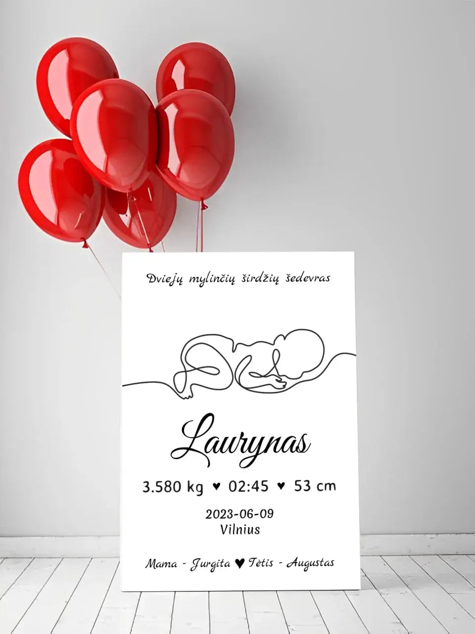 Personalizuota Vaiko / Kūdikio Gimimo Metrika su linijine iliustracija ant drobės Drobe - dovanokis.lt